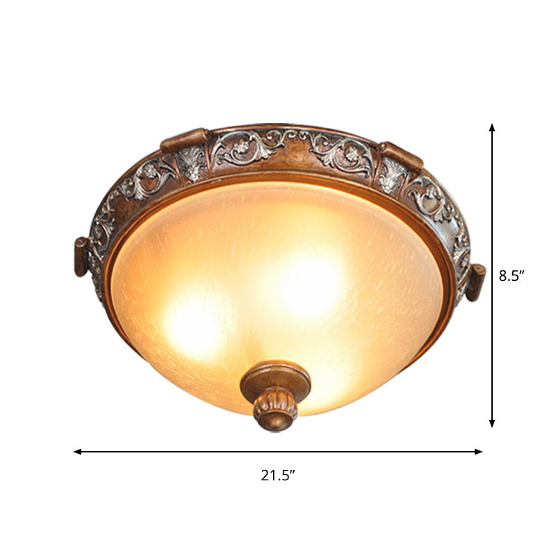 Opal Glass Dome-Shaped Ceiling Lighting Retro Style 3/5-Bulb Drawing Room Flush Light Fixture with Carving Flower in Brown, 16"/19.5"/21.5" Width