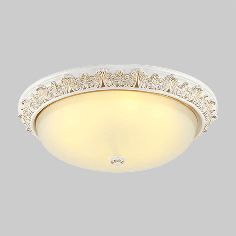 Countryside Round Flush Light 2-Bulb Milky Glass Ceiling Mounted Fixture in White and Gold/Bronze