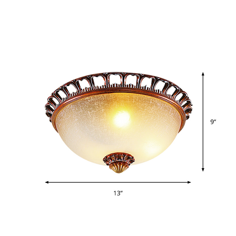 Opal Glass Domed Flush Lamp Countryside 13"/16.5" Wide 2/3-Light Bedroom Ceiling Mounted Fixture in Brown