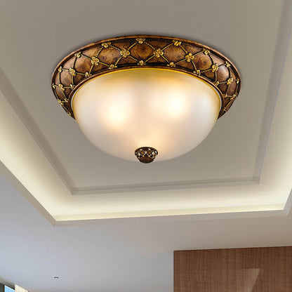 Rustic Style Dome-Like Ceiling Lamp 3 Heads Frosted Glass Flush Mount Light Fixture in Brown, 15"/19" Width Brown Clearhalo 'Ceiling Lights' 'Close To Ceiling Lights' 'Close to ceiling' 'Flush mount' Lighting' 1409256