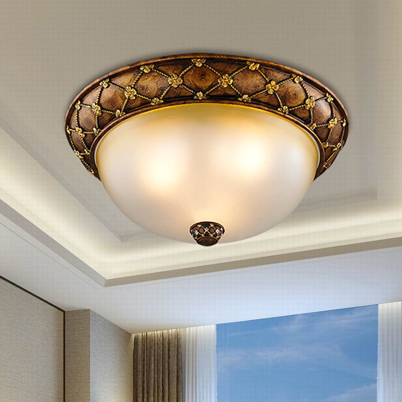 Rustic Style Dome-Like Ceiling Lamp 3 Heads Frosted Glass Flush Mount Light Fixture in Brown, 15"/19" Width Clearhalo 'Ceiling Lights' 'Close To Ceiling Lights' 'Close to ceiling' 'Flush mount' Lighting' 1409257
