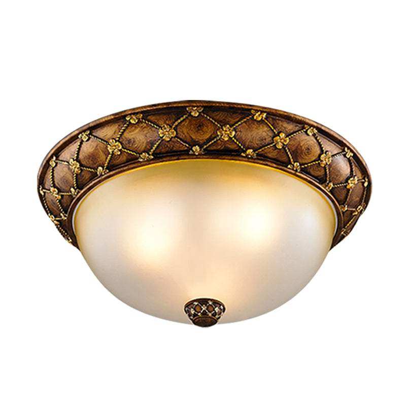 Rustic Style Dome-Like Ceiling Lamp 3 Heads Frosted Glass Flush Mount Light Fixture in Brown, 15"/19" Width Clearhalo 'Ceiling Lights' 'Close To Ceiling Lights' 'Close to ceiling' 'Flush mount' Lighting' 1409258