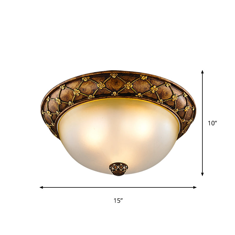 Rustic Style Dome-Like Ceiling Lamp 3 Heads Frosted Glass Flush Mount Light Fixture in Brown, 15"/19" Width Clearhalo 'Ceiling Lights' 'Close To Ceiling Lights' 'Close to ceiling' 'Flush mount' Lighting' 1409259
