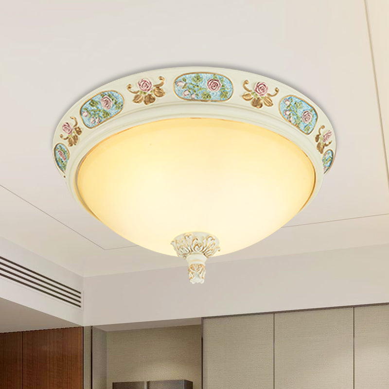 14"/19" Wide 2/3-Head Flush Mount Traditional Dome Shape Opaline Glass Ceiling Lighting with Flower Decor in Light Blue and White Light Blue-White Clearhalo 'Ceiling Lights' 'Close To Ceiling Lights' 'Close to ceiling' 'Flush mount' Lighting' 1409261