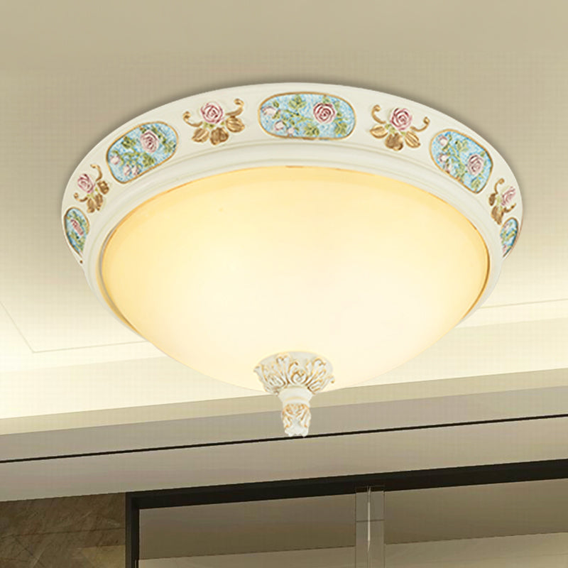14"/19" Wide 2/3-Head Flush Mount Traditional Dome Shape Opaline Glass Ceiling Lighting with Flower Decor in Light Blue and White Clearhalo 'Ceiling Lights' 'Close To Ceiling Lights' 'Close to ceiling' 'Flush mount' Lighting' 1409262