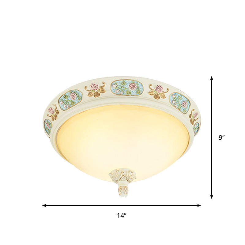 14"/19" Wide 2/3-Head Flush Mount Traditional Dome Shape Opaline Glass Ceiling Lighting with Flower Decor in Light Blue and White Clearhalo 'Ceiling Lights' 'Close To Ceiling Lights' 'Close to ceiling' 'Flush mount' Lighting' 1409264