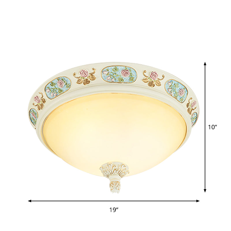 14"/19" Wide 2/3-Head Flush Mount Traditional Dome Shape Opaline Glass Ceiling Lighting with Flower Decor in Light Blue and White Clearhalo 'Ceiling Lights' 'Close To Ceiling Lights' 'Close to ceiling' 'Flush mount' Lighting' 1409265