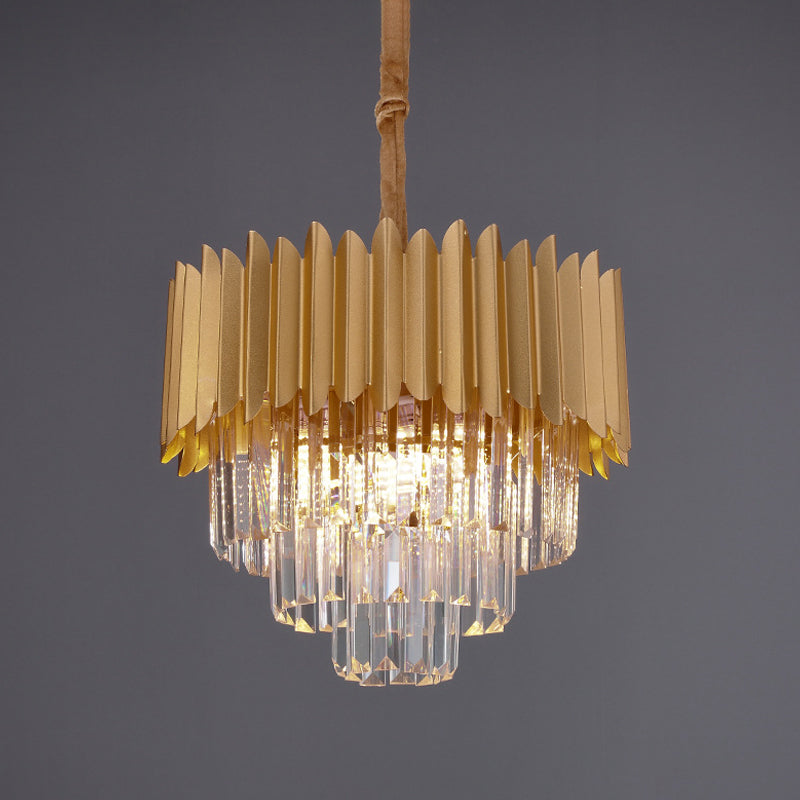 Taper Faceted Crystal Rectangle Hanging Lamp Contemporary 4/8 Bulbs Parlor Chandelier Light in Gold, 16"/23.5" W Clearhalo 'Ceiling Lights' 'Chandeliers' 'Modern Chandeliers' 'Modern' Lighting' 1409322