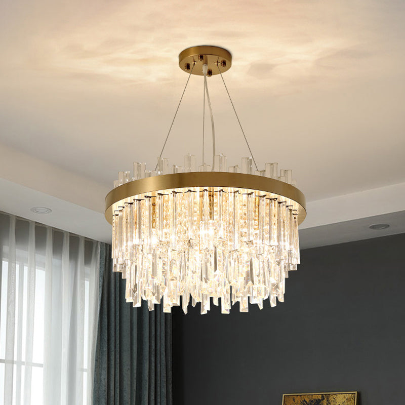 Clear Crystal Blocks Gold Finish Ceiling Lamp Drum 6 Bulbs Contemporary Chandelier Light Clear Clearhalo 'Ceiling Lights' 'Chandeliers' 'Clear' 'Industrial' 'Modern Chandeliers' 'Modern' 'Tiffany' 'Traditional Chandeliers' Lighting' 1409333