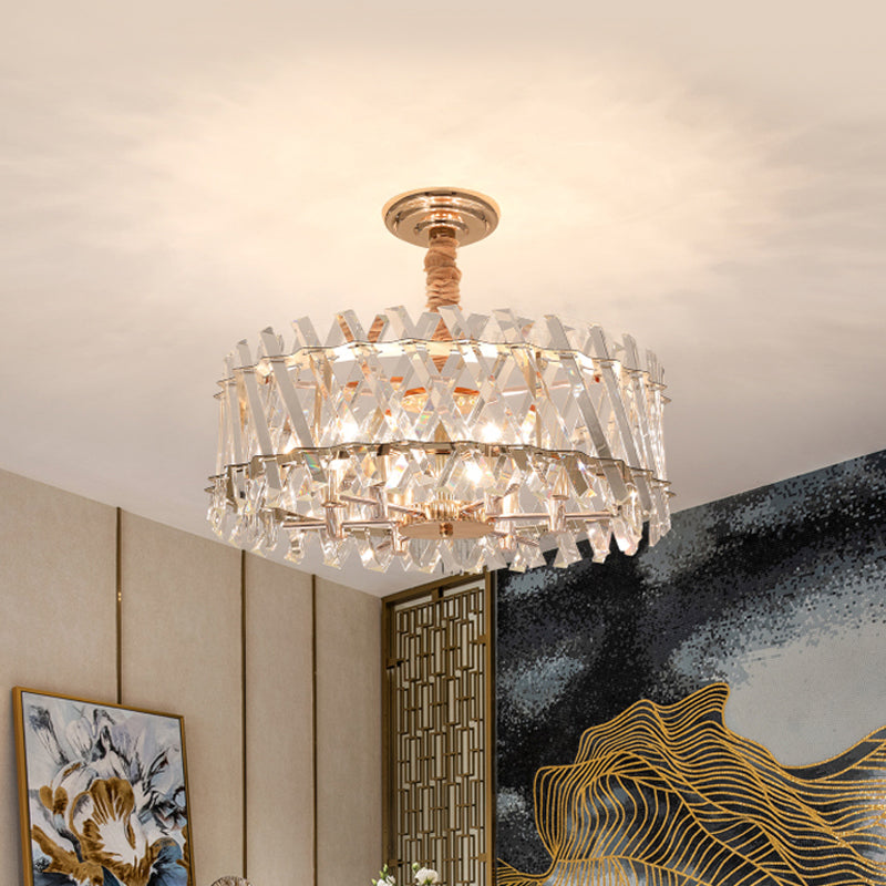 Contemporary Drum Pendant 6 Heads Slanted Clear Crystal Prisms Hanging Chandelier for Dining Room Clear Clearhalo 'Ceiling Lights' 'Chandeliers' 'Clear' 'Industrial' 'Modern Chandeliers' 'Modern' 'Tiffany' 'Traditional Chandeliers' Lighting' 1409345