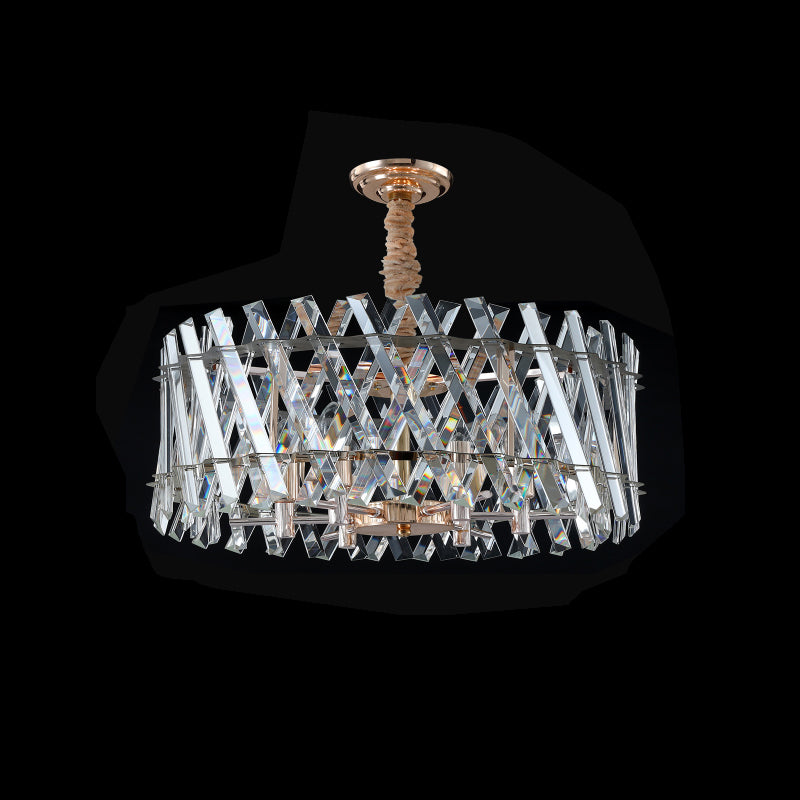 Contemporary Drum Pendant 6 Heads Slanted Clear Crystal Prisms Hanging Chandelier for Dining Room Clearhalo 'Ceiling Lights' 'Chandeliers' 'Clear' 'Industrial' 'Modern Chandeliers' 'Modern' 'Tiffany' 'Traditional Chandeliers' Lighting' 1409346