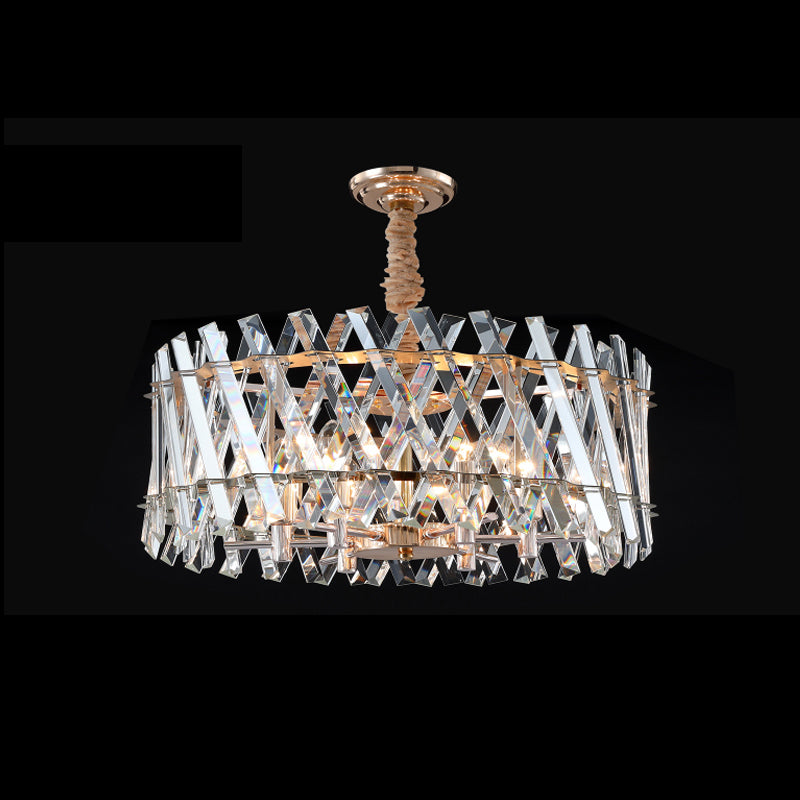 Contemporary Drum Pendant 6 Heads Slanted Clear Crystal Prisms Hanging Chandelier for Dining Room Clearhalo 'Ceiling Lights' 'Chandeliers' 'Clear' 'Industrial' 'Modern Chandeliers' 'Modern' 'Tiffany' 'Traditional Chandeliers' Lighting' 1409347