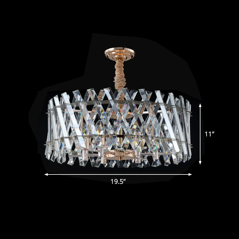 Contemporary Drum Pendant 6 Heads Slanted Clear Crystal Prisms Hanging Chandelier for Dining Room Clearhalo 'Ceiling Lights' 'Chandeliers' 'Clear' 'Industrial' 'Modern Chandeliers' 'Modern' 'Tiffany' 'Traditional Chandeliers' Lighting' 1409348