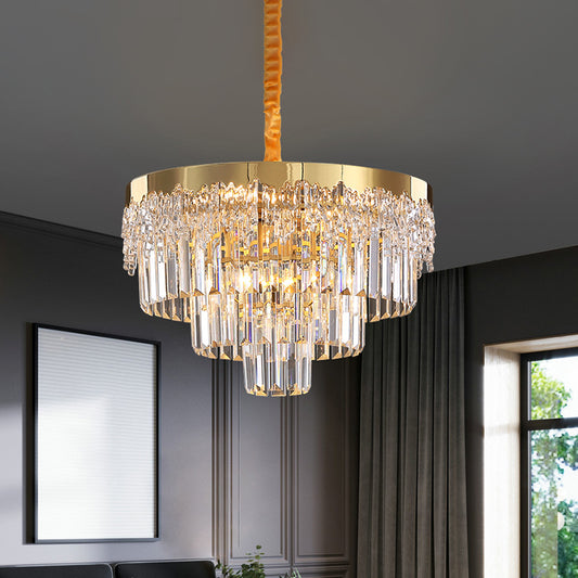 Gold Finish 6/10 Bulbs Chandelier Modern Clear Crystal Blocks Tapered Suspension Lighting, 19"/23.5" Width Clear 19" Clearhalo 'Ceiling Lights' 'Chandeliers' 'Clear' 'Industrial' 'Modern Chandeliers' 'Modern' 'Tiffany' 'Traditional Chandeliers' Lighting' 1409349