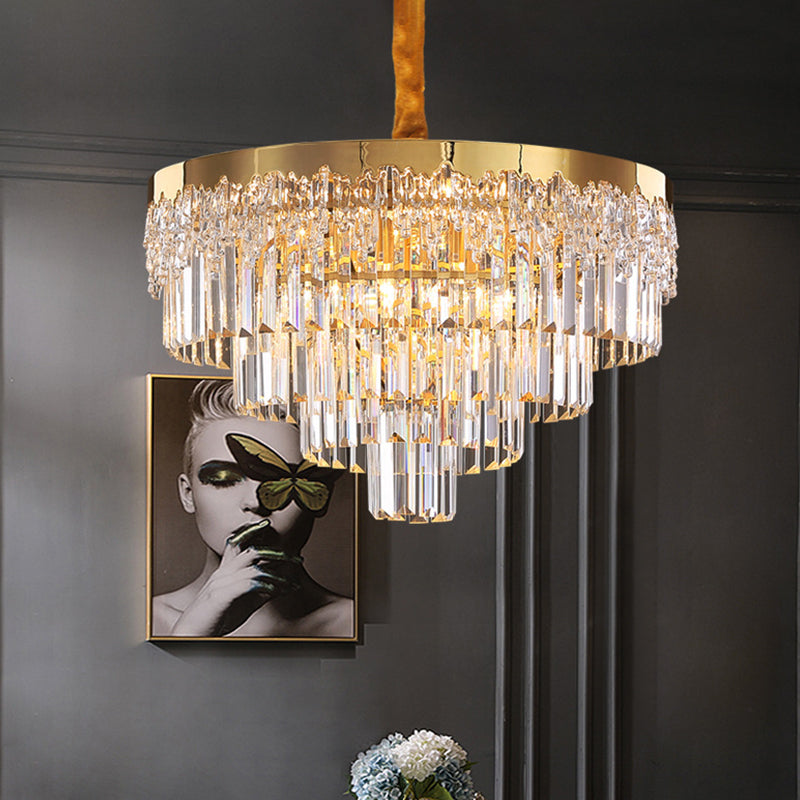 Gold Finish 6/10 Bulbs Chandelier Modern Clear Crystal Blocks Tapered Suspension Lighting, 19"/23.5" Width Clearhalo 'Ceiling Lights' 'Chandeliers' 'Clear' 'Industrial' 'Modern Chandeliers' 'Modern' 'Tiffany' 'Traditional Chandeliers' Lighting' 1409354