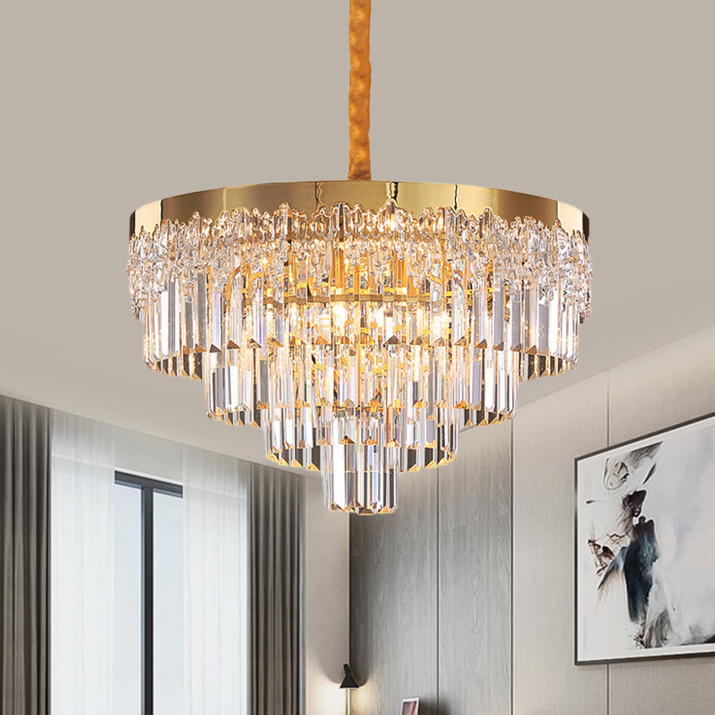Gold Finish 6/10 Bulbs Chandelier Modern Clear Crystal Blocks Tapered Suspension Lighting, 19"/23.5" Width Clearhalo 'Ceiling Lights' 'Chandeliers' 'Clear' 'Industrial' 'Modern Chandeliers' 'Modern' 'Tiffany' 'Traditional Chandeliers' Lighting' 1409355