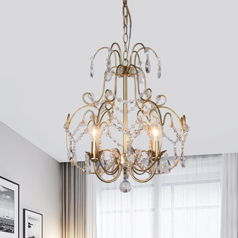 Clear Crystal Beads Gold Chandelier Lantern 3 Bulbs Contemporary Suspended Lighting Fixture Clear Clearhalo 'Ceiling Lights' 'Chandeliers' 'Clear' 'Industrial' 'Modern Chandeliers' 'Modern' 'Tiffany' 'Traditional Chandeliers' Lighting' 1409367