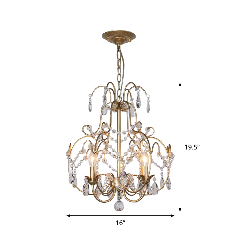 Clear Crystal Beads Gold Chandelier Lantern 3 Bulbs Contemporary Suspended Lighting Fixture Clearhalo 'Ceiling Lights' 'Chandeliers' 'Clear' 'Industrial' 'Modern Chandeliers' 'Modern' 'Tiffany' 'Traditional Chandeliers' Lighting' 1409370