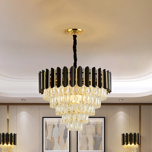 6 Heads Tapered Pendant Chandelier Modern Black Finish Clear Crystal Blocks Ceiling Lamp Clearhalo 'Ceiling Lights' 'Chandeliers' 'Clear' 'Industrial' 'Modern Chandeliers' 'Modern' 'Tiffany' 'Traditional Chandeliers' Lighting' 1409389