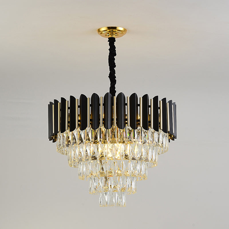 6 Heads Tapered Pendant Chandelier Modern Black Finish Clear Crystal Blocks Ceiling Lamp Clearhalo 'Ceiling Lights' 'Chandeliers' 'Clear' 'Industrial' 'Modern Chandeliers' 'Modern' 'Tiffany' 'Traditional Chandeliers' Lighting' 1409390