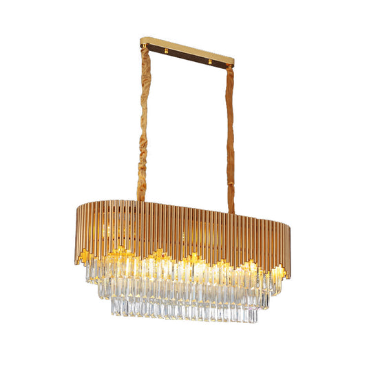 Gold Finish 8 Bulbs Island Lighting Contemporary Faceted Crystal Blocks Oval Hanging Light Clearhalo 'Ceiling Lights' 'Island Lights' Lighting' 1409393