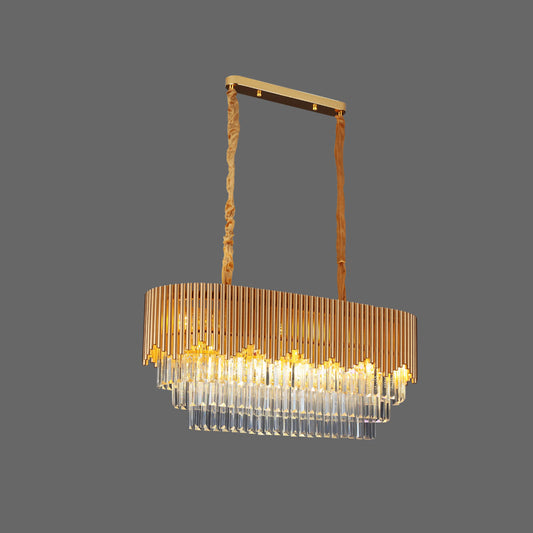Gold Finish 8 Bulbs Island Lighting Contemporary Faceted Crystal Blocks Oval Hanging Light Clearhalo 'Ceiling Lights' 'Island Lights' Lighting' 1409394