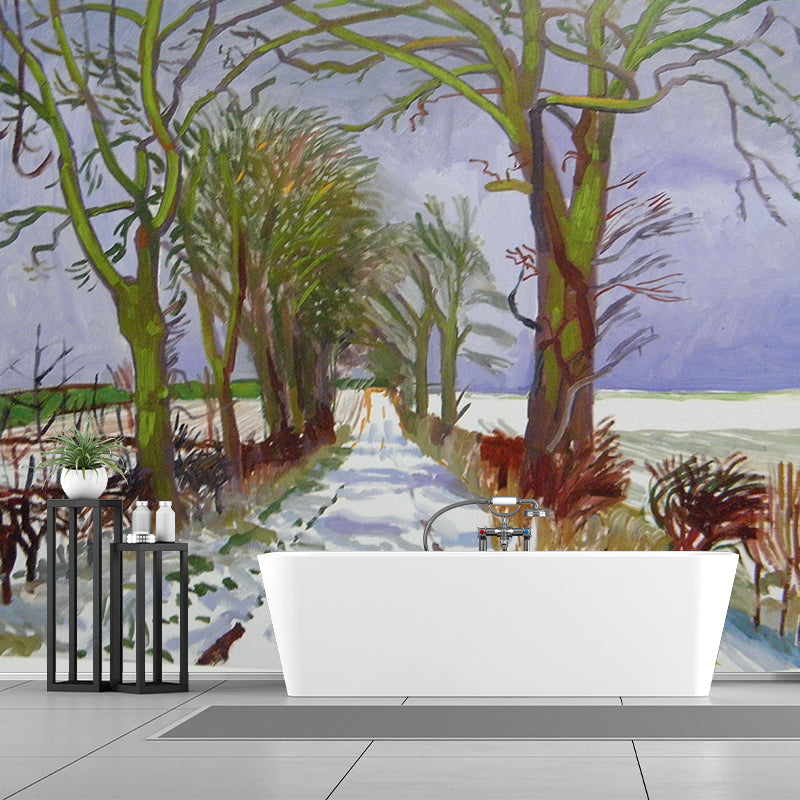 Snowy Country Road Art Murals Nordic Moisture Resistant Living Room Wall Decor, Custom Size Clearhalo 'Wall Decor' 'Wall Mural' 1409438