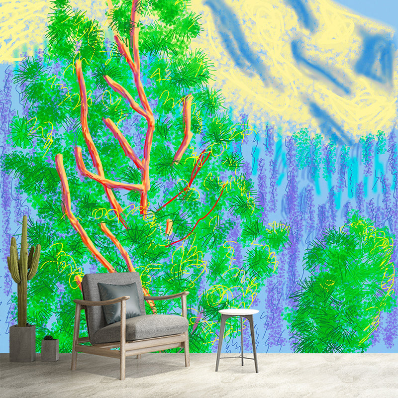 Whole Plants Wall Paper Murals Artistic Enchanting Cypress and Mountain Painting Wall Decor in Blue-Green Clearhalo 'Wall Decor' 'Wall Mural' 1409458