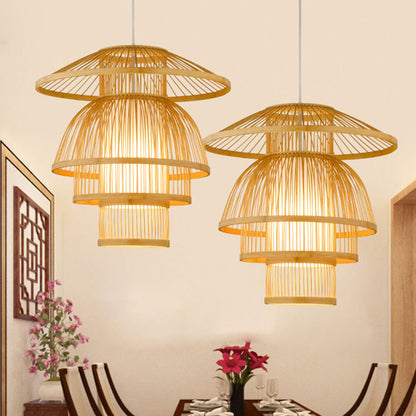 Tiered Dining Room Pendant Lighting Bamboo 1-Light Asian Stylish Hanging Lamp in Beige Beige Clearhalo 'Ceiling Lights' 'Pendant Lights' 'Pendants' Lighting' 140949_99ad51fe-d901-45a7-b25c-4c017c966ef8