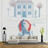 Monkey in House Front Murals Red and Blue Artistry Wall Decoration for Living Room