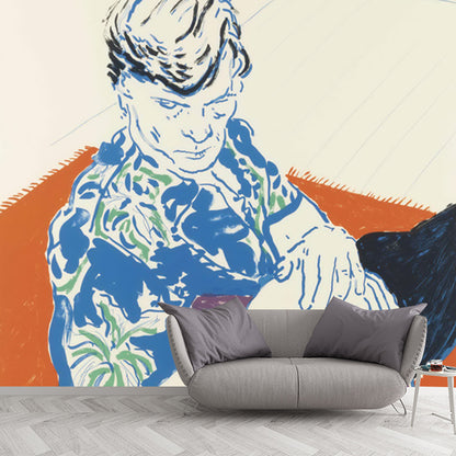 Man in Hawaiian Shirt Mural Orange and Blue Pop Art Wall Decoration for Living Room Orange-Blue Clearhalo 'Wall Decor' 'Wall Mural' 1409761
