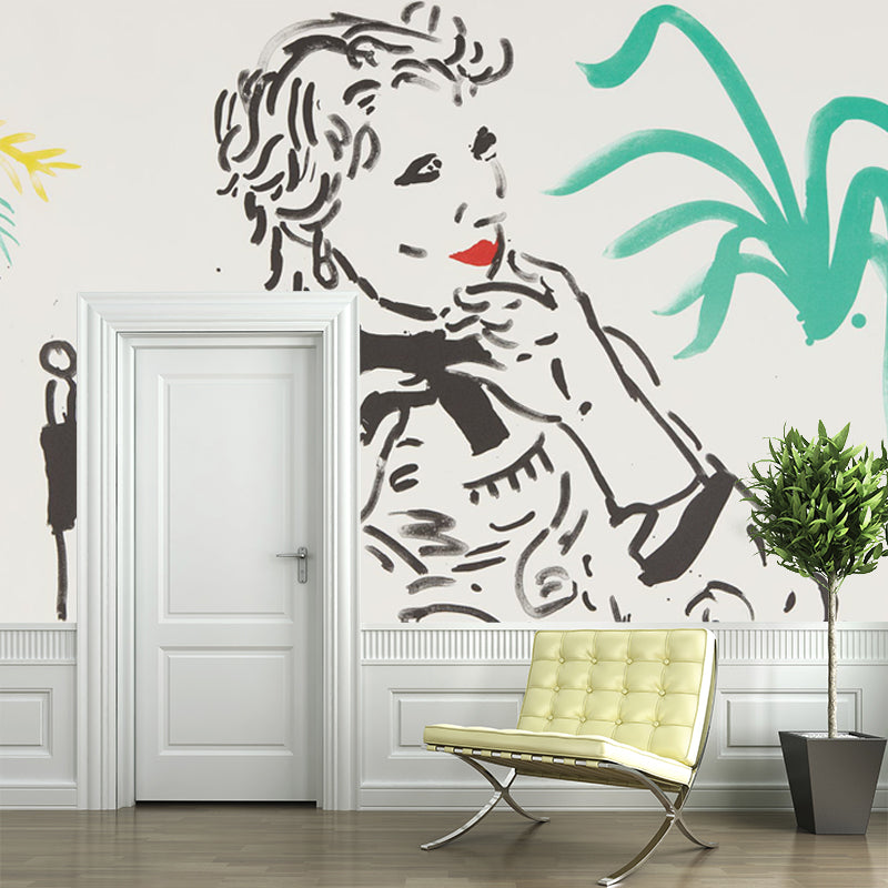 Yellow-Green Pop Art Mural Full-Size Woman Sitting in A Chair Wall Decor for Bedroom Yellow-Green Clearhalo 'Wall Decor' 'Wall Mural' 1409846