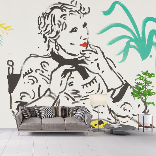 Yellow-Green Pop Art Mural Full-Size Woman Sitting in A Chair Wall Decor for Bedroom Clearhalo 'Wall Decor' 'Wall Mural' 1409847