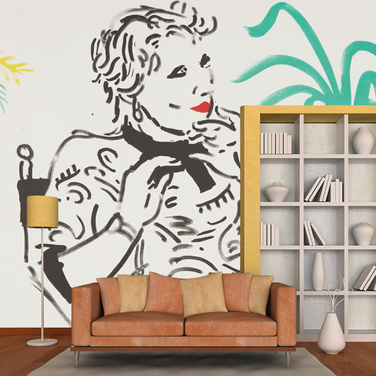 Yellow-Green Pop Art Mural Full-Size Woman Sitting in A Chair Wall Decor for Bedroom Clearhalo 'Wall Decor' 'Wall Mural' 1409848