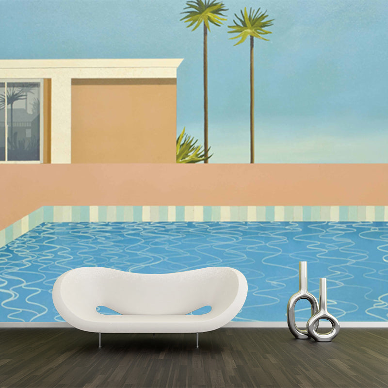 Pop Art Swimming Pool Murals for Living Room Custom Size Wall Decor in Blue-Brown Blue-Brown Clearhalo 'Wall Decor' 'Wall Mural' 1409871