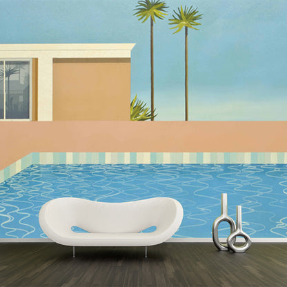 Pop Art Swimming Pool Murals for Living Room Custom Size Wall Decor in Blue-Brown Blue-Brown Clearhalo 'Wall Decor' 'Wall Mural' 1409871