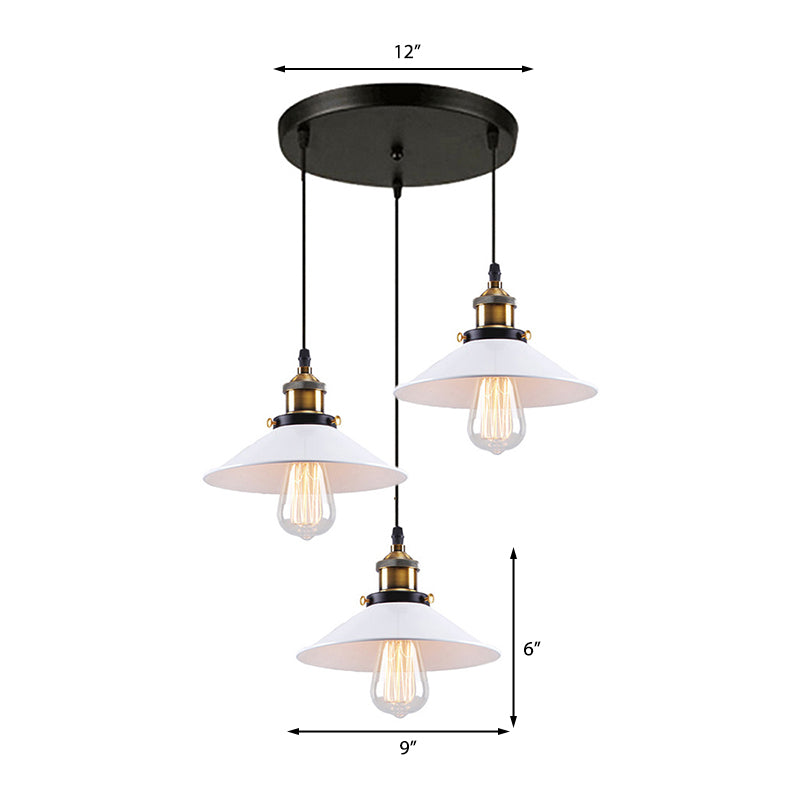 White Conic Ceiling Pendant Industrial Style Metallic 3 Heads Indoor Hanging Light with Linear/Round Canopy Clearhalo 'Art Deco Pendants' 'Cast Iron' 'Ceiling Lights' 'Ceramic' 'Crystal' 'Industrial Pendants' 'Industrial' 'Metal' 'Middle Century Pendants' 'Pendant Lights' 'Pendants' 'Tiffany' Lighting' 140993
