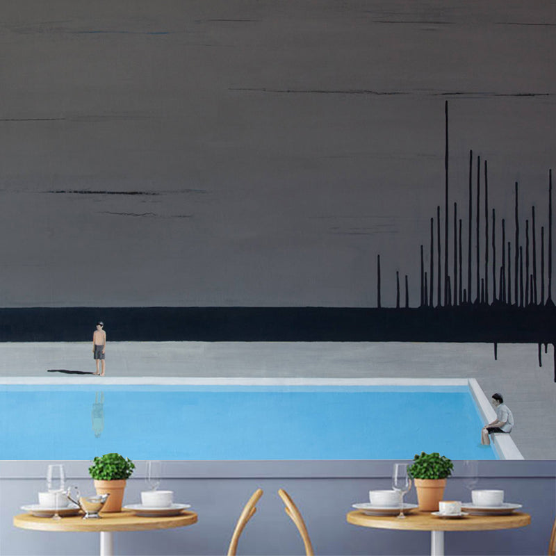 Full-Size Art Deco Mural Wallpaper Grey-Blue Swimming Pool Wall Covering, Custom Size Clearhalo 'Wall Decor' 'Wall Mural' 1409933