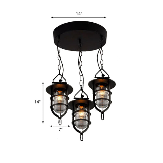 Caged Clear Glass Multi Pendant Vintage 3-Light Living Room Hanging Light Fixture in Black with Round Canopy Clearhalo 'Ceiling Lights' 'Glass shade' 'Glass' 'Industrial Pendants' 'Industrial' 'Middle Century Pendants' 'Pendant Lights' 'Pendants' 'Tiffany' Lighting' 141081