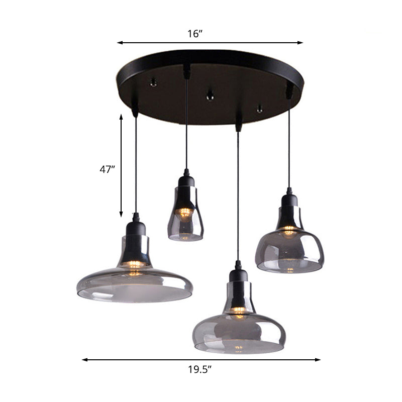 4 Lights Round/Linear Canopy Multi Pendant with Different Shade Smoked Glass Modern Dining Room Hanging Ceiling Light Clearhalo 'Ceiling Lights' 'Close To Ceiling Lights' 'Glass shade' 'Glass' 'Industrial Pendants' 'Industrial' 'Middle Century Pendants' 'Pendant Lights' 'Pendants' 'Tiffany' Lighting' 141125