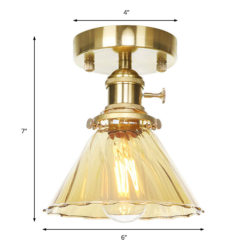 Cone Ruffle Glass Semi Flush Vintage Retro 1 Bulb Living Room Light Fixture in Clear/Amber Clearhalo 'Ceiling Lights' 'Close To Ceiling Lights' 'Close to ceiling' 'Glass shade' 'Glass' 'Semi-flushmount' Lighting' 141168