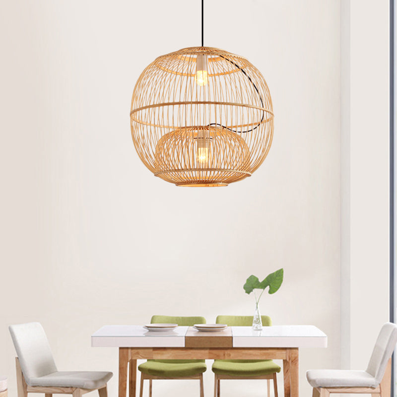 Bamboo Global Shade Pendant Lighting Contemporary Style 2 Lights Beige Hanging Lamp for Restaurant, 14"/16" W Clearhalo 'Ceiling Lights' 'Pendant Lights' 'Pendants' Lighting' 141189