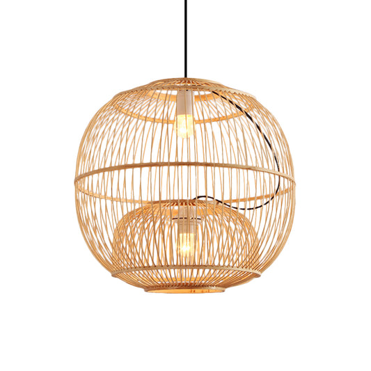 Bamboo Global Shade Pendant Lighting Contemporary Style 2 Lights Beige Hanging Lamp for Restaurant, 14"/16" W Clearhalo 'Ceiling Lights' 'Pendant Lights' 'Pendants' Lighting' 141191