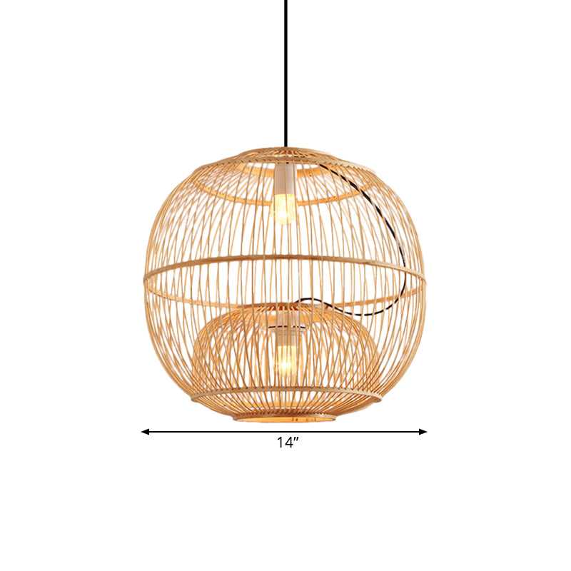 Bamboo Global Shade Pendant Lighting Contemporary Style 2 Lights Beige Hanging Lamp for Restaurant, 14"/16" W Clearhalo 'Ceiling Lights' 'Pendant Lights' 'Pendants' Lighting' 141192