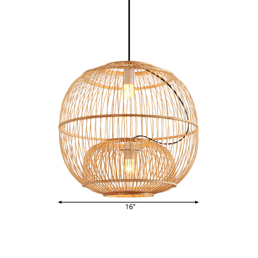 Bamboo Global Shade Pendant Lighting Contemporary Style 2 Lights Beige Hanging Lamp for Restaurant, 14"/16" W Clearhalo 'Ceiling Lights' 'Pendant Lights' 'Pendants' Lighting' 141193