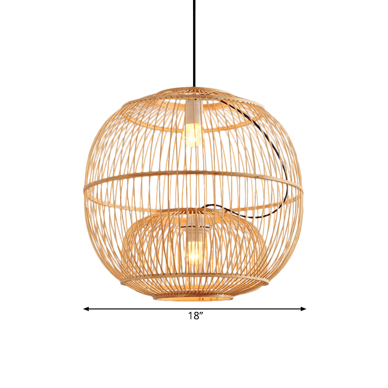 Bamboo Global Shade Pendant Lighting Contemporary Style 2 Lights Beige Hanging Lamp for Restaurant, 14"/16" W Clearhalo 'Ceiling Lights' 'Pendant Lights' 'Pendants' Lighting' 141194