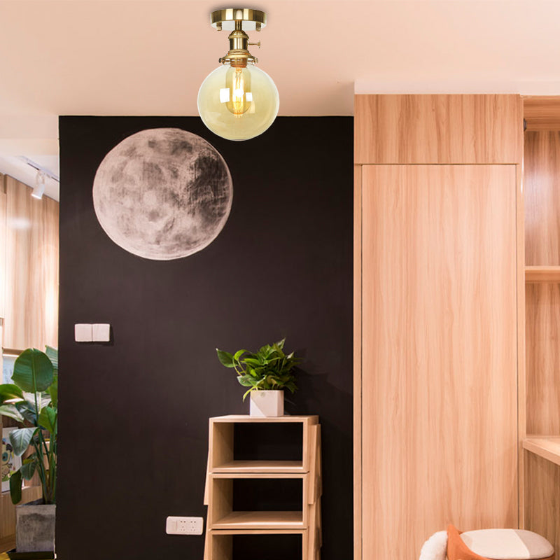 Brass One Bulb Ceiling Lighting Farmhouse Clear/Amber Glass Globe Semi Flush Light for Dining Room Amber Clearhalo 'Ceiling Lights' 'Close To Ceiling Lights' 'Close to ceiling' 'Glass shade' 'Glass' 'Pendant Lights' 'Semi-flushmount' Lighting' 141210