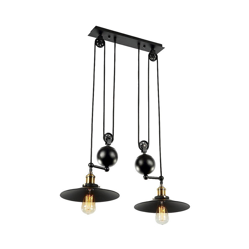 Flared Shade Metal Pendant Lighting Industrial 2 Lights Warehouse Ceiling Light Fixture with Pulley in Black Clearhalo 'Art Deco Pendants' 'Black' 'Cast Iron' 'Ceiling Lights' 'Ceramic' 'Crystal' 'Industrial Pendants' 'Industrial' 'Metal' 'Middle Century Pendants' 'Pendant Lights' 'Pendants' 'Rustic Pendants' 'Tiffany' Lighting' 141232