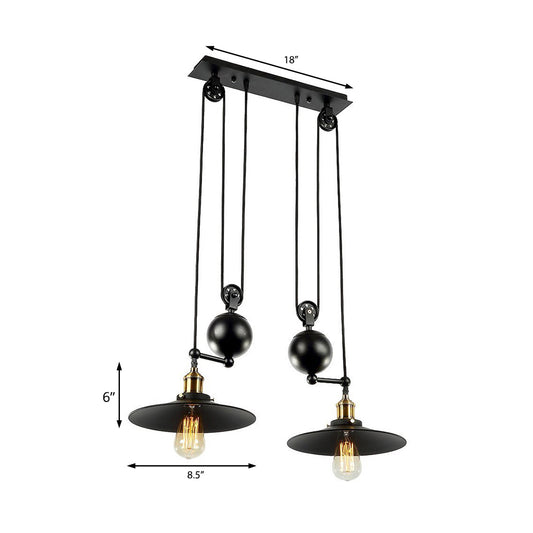 Flared Shade Metal Pendant Lighting Industrial 2 Lights Warehouse Ceiling Light Fixture with Pulley in Black Clearhalo 'Art Deco Pendants' 'Black' 'Cast Iron' 'Ceiling Lights' 'Ceramic' 'Crystal' 'Industrial Pendants' 'Industrial' 'Metal' 'Middle Century Pendants' 'Pendant Lights' 'Pendants' 'Rustic Pendants' 'Tiffany' Lighting' 141233