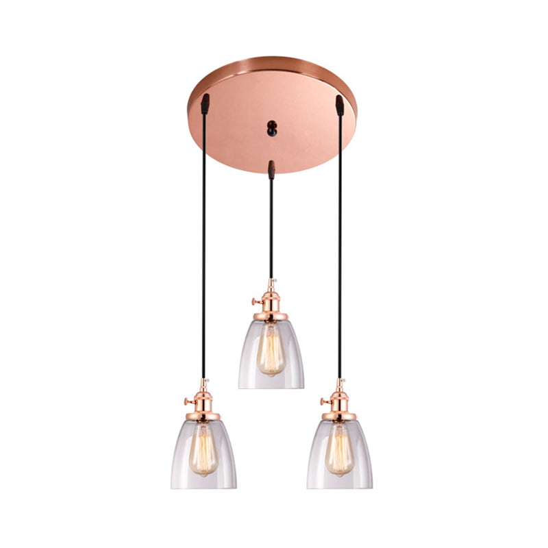 Rose Gold Cone Multi Pendant Light Fixture Modern Clear Glass 3-Light Dining Room Hanging Lamp Clearhalo 'Ceiling Lights' 'Chandeliers' 'Glass shade' 'Glass' 'Industrial Pendants' 'Industrial' 'Middle Century Pendants' 'Pendant Lights' 'Pendants' 'Tiffany' Lighting' 141305